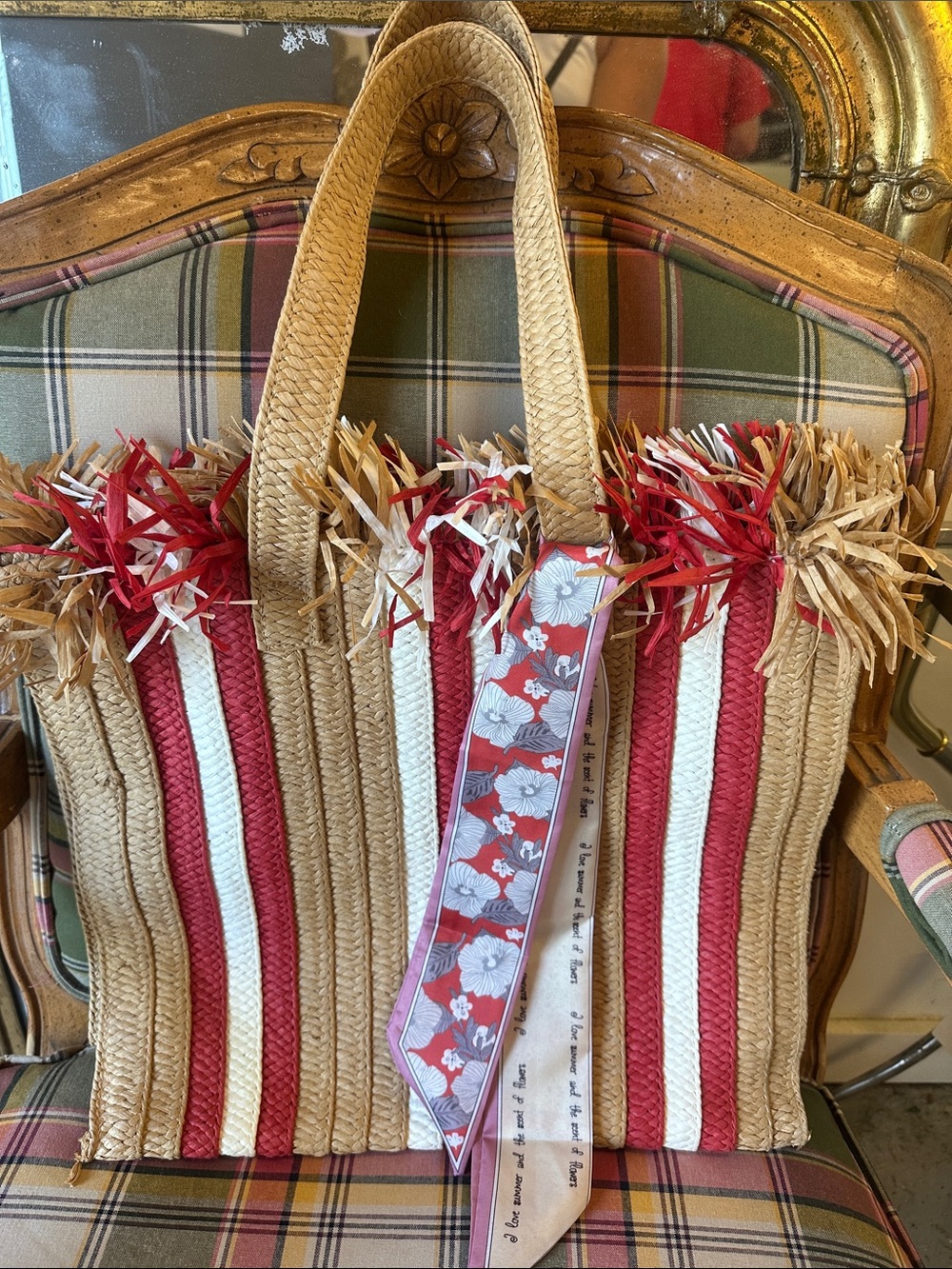 BTB Los AngeleWoven chic bohemian Straw Satchel Tote Red and Cream with scarf